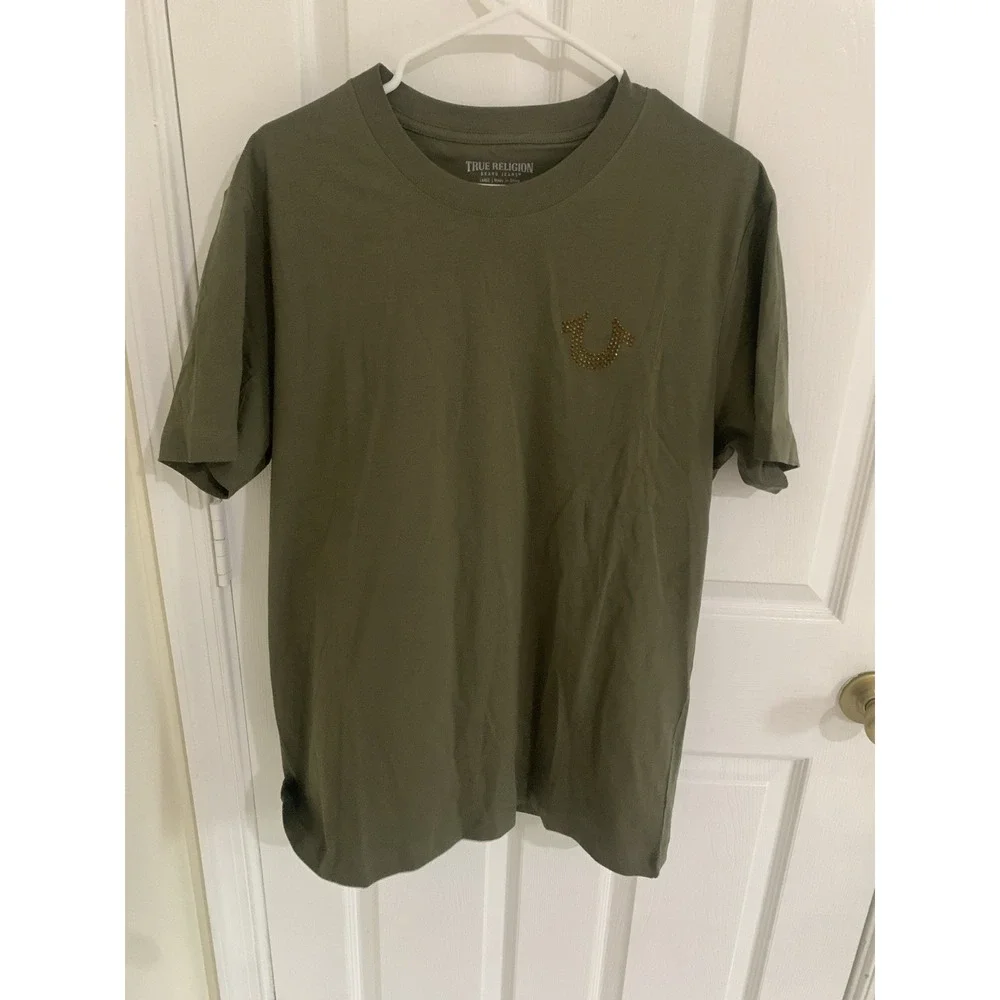 True Religion Mens Olive Green Buddha Graphic Studded T-Shirt Large 700448